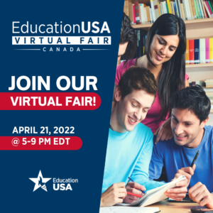 Three students look at a book. Join our virtual fair on April 21 from five to nine pm.