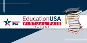 EducationUSA Canada Virtual Fair with EducationUSA start logo and a stack of books with a graduation cap.