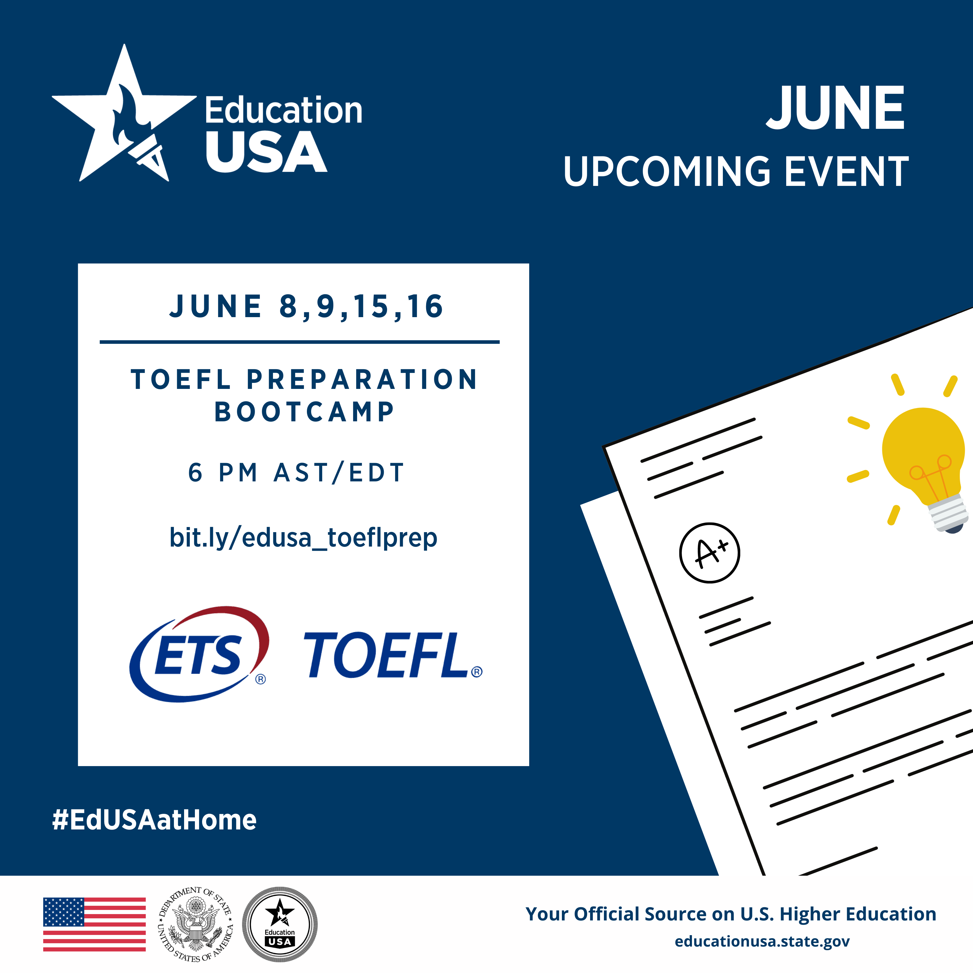 A+ paper and information about the BOEFL boot camp. June 8, 9, 15, 16 at 6 pm EDT