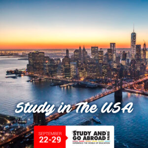 Bird's eye view of New York City with caption Study in the USA